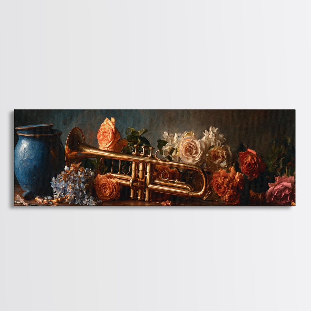 Trumpet and Roses Canvas Print, Music Studio Art, Music Gift, Studio Decor, Fine Art, Rhythm, Room Decor, Textured Painting, MSA-3x1-24