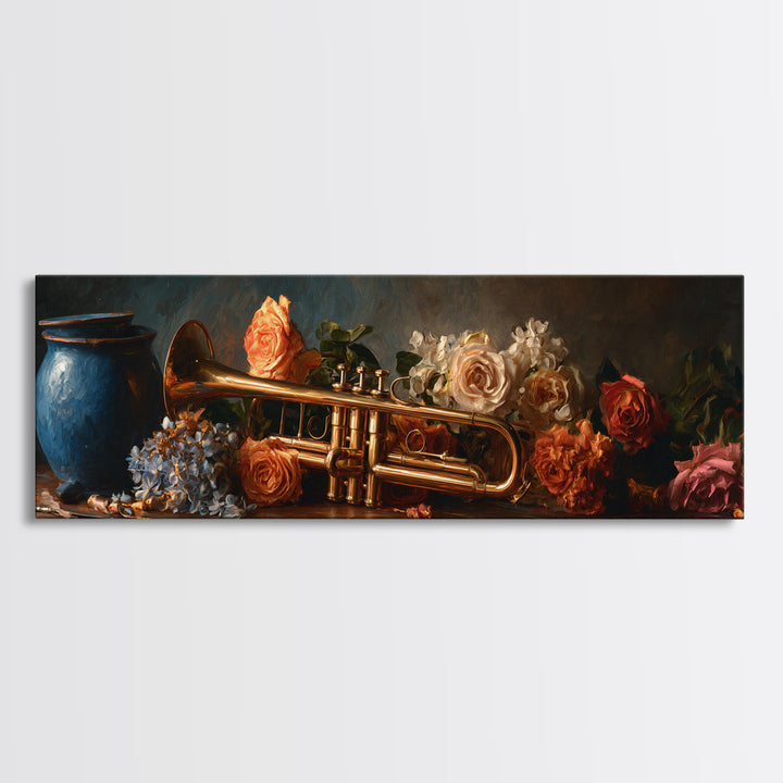 Trumpet and Roses Canvas Print, Music Studio Art, Music Gift, Studio Decor, Fine Art, Rhythm, Room Decor, Textured Painting, MSA-3x1-24