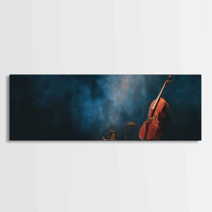 Cello Leaning Against Dark Velvet Backdrop Canvas Print, Music Studio Art, Commission Painting, Studio Decor, Abstract Art, MSA-3x1-25