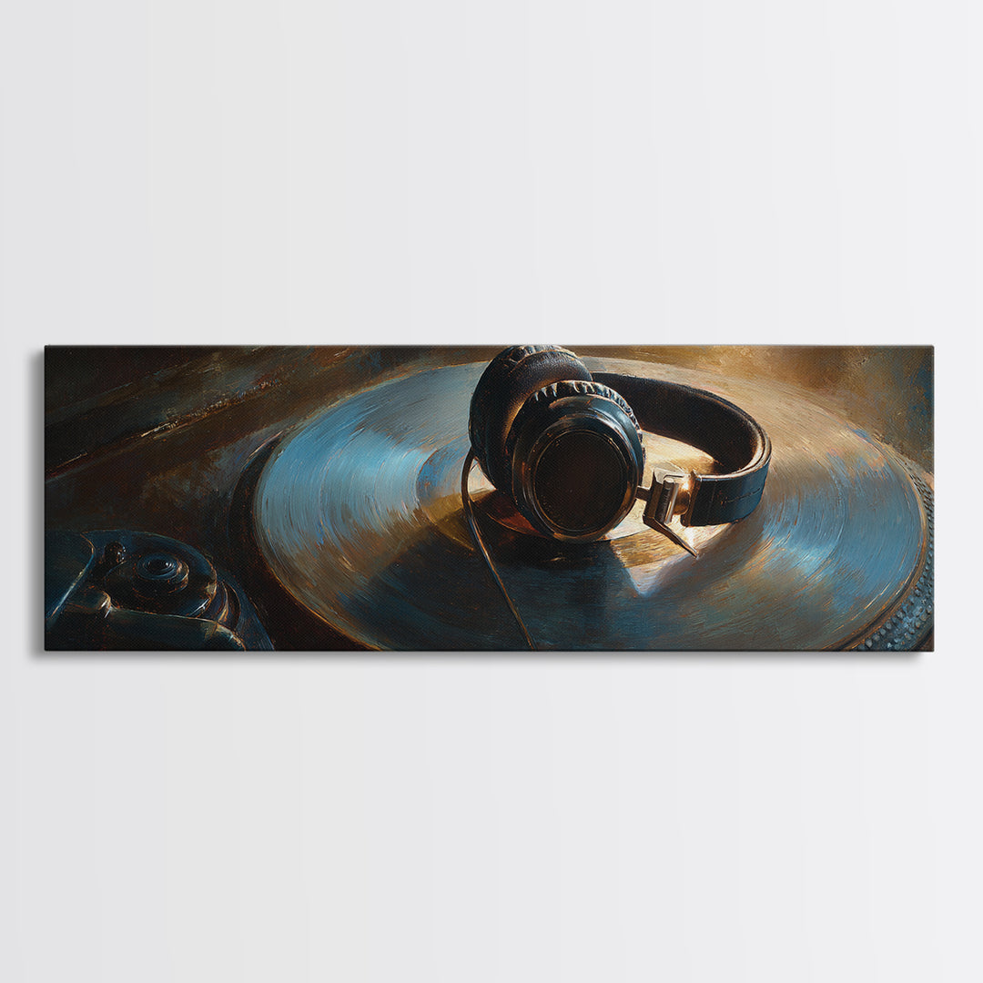 Headphones Around a Glowing Record Canvas Print, Music Studio Art, Gallery Decor, Studio Decor, Fine Art, Rhythm, MSA-3x1-3