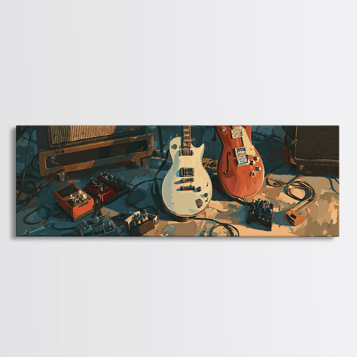 Electric Guitar Pedals and Cables Graphic Art Canvas Print, Music Studio Art, Painting from Photo, Studio Decor, Rhythm, MSA-3x1-37