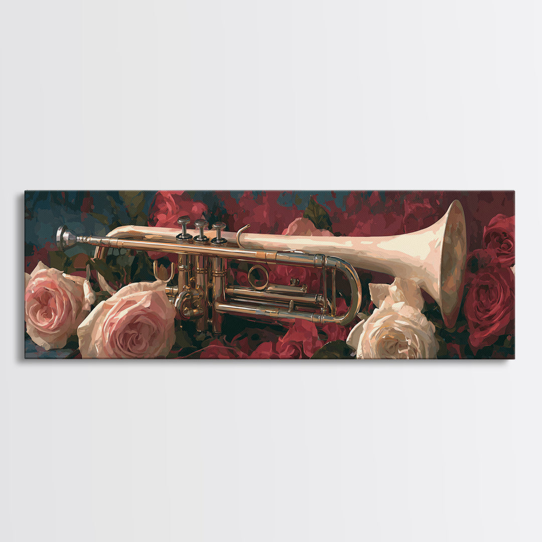 Trumpet and Roses Canvas Print, Music Studio Art, Art Print, Studio Decor, Fine Art, Rhythm, Digital Wall Art, Printable Art, MSA-3x1-48