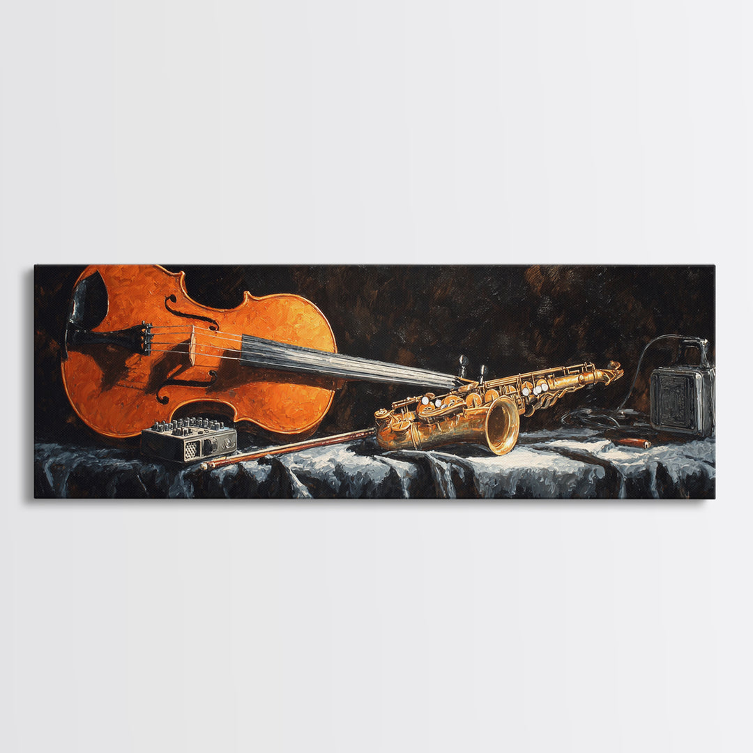 Cello Leaning Against Dark Velvet Backdrop Canvas Print, Music Studio Art, Commission Painting, Studio Decor, Abstract Art, MSA-3x1-49