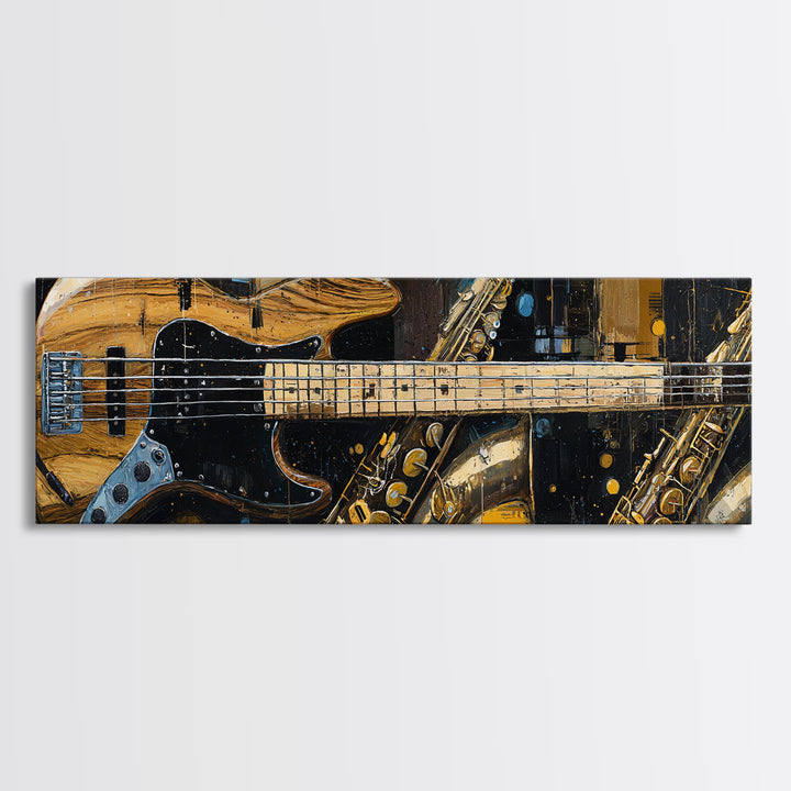 Bass Guitar Closeup Framed Canvas Print, Music Studio Art, Custom Painting, Studio Decor, Watercolor Art, Rhythm, MSA-3x1-5