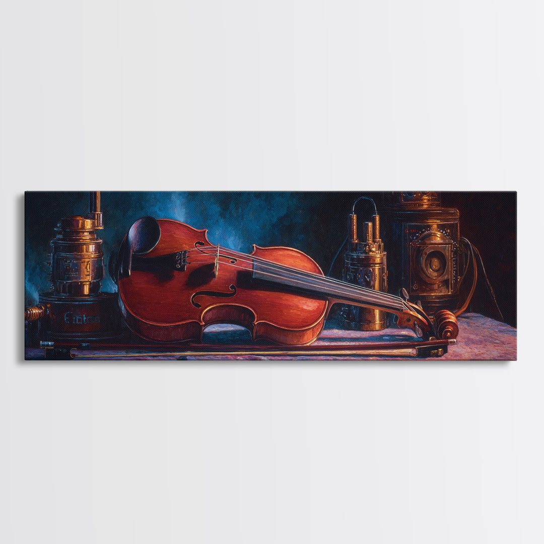 Violin and Bow Framed Canvas Print, Music Studio Art, Textured Painting, Studio Decor, Fine Art, Rhythm, Custom Painting, MSA-3x1-56