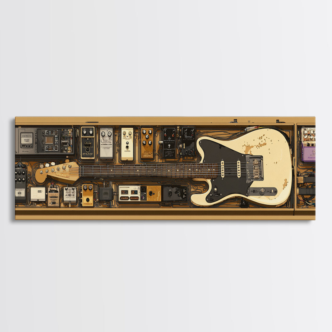 Electric Guitar Pedals and Cables Graphic Art Canvas Print, Music Studio Art, Boho Art, Studio Decor, Oil Painting, Rhythm, MSA-3x1-61