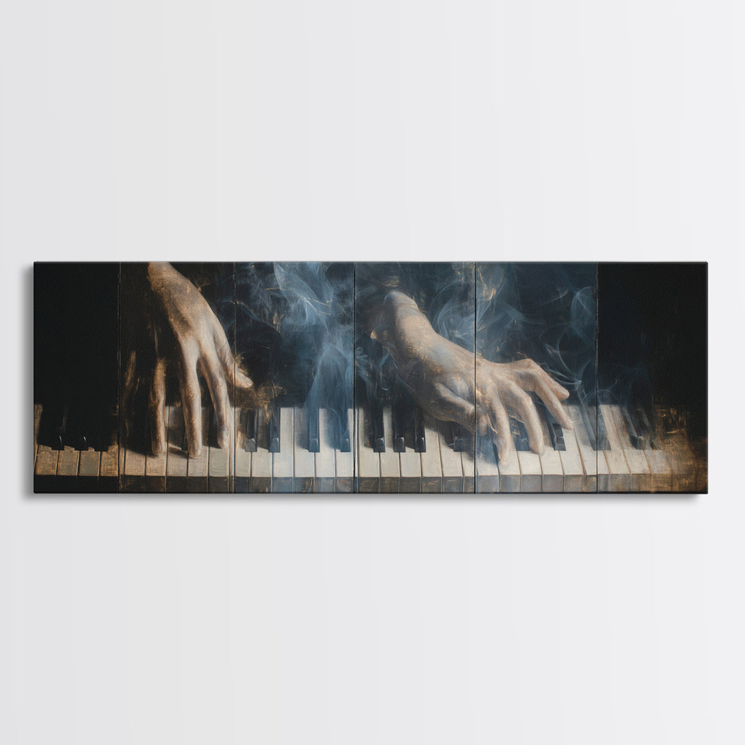 Piano Keys with Hands in Cinematic Shadow Framed Canvas Print, Music Studio Art, Personalized Art, Studio Decor, Rhythm, MSA-3x1-69