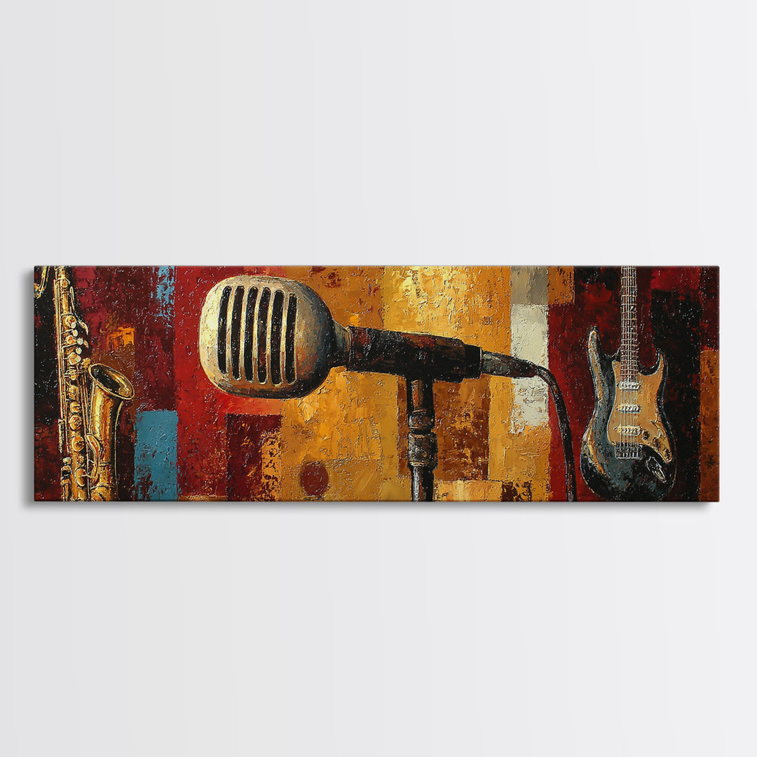Microphone Portrait with Golden Spotlight Canvas Print, Music Studio Art, Custom Painting, Studio Decor, Fine Art, Rhythm, MSA-3x1-71