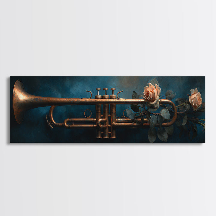 Trumpet and Roses Framed Canvas Print, Music Studio Art, Wall Art, Studio Decor, Rhythm, Trendy Wall Art, Music Wall Art, MSA-3x1-72