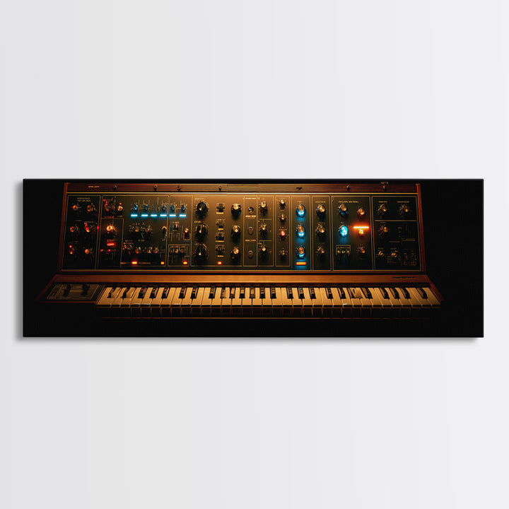 Synthesizer Knobs and Neon Reflections Framed Canvas Print, Music Studio Art, Painting from Photo, Studio Decor, Oil Painting, MSA-3x1-74