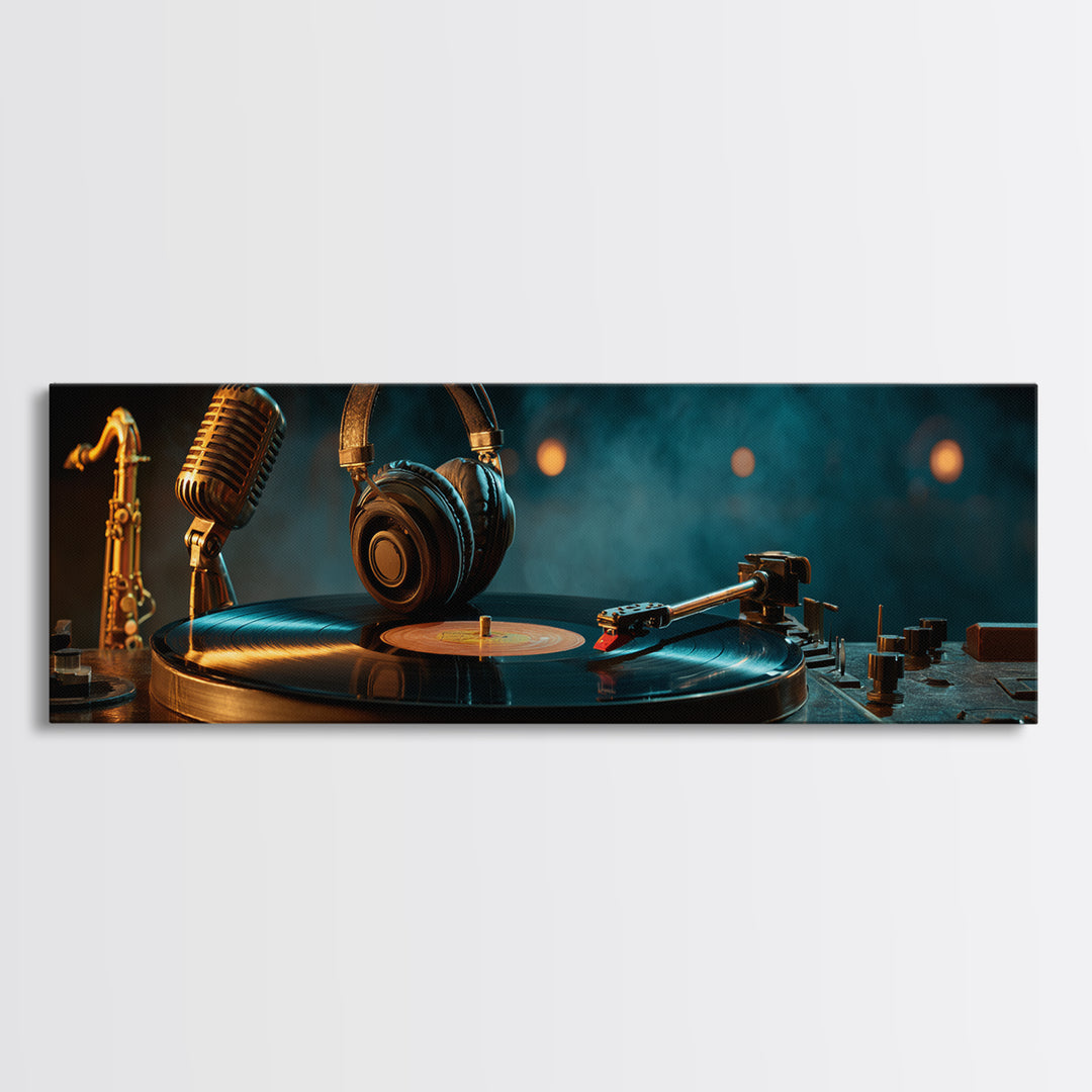 Headphones Around a Glowing Record Canvas Print, Music Studio Art, Modern Wall Art, Studio Decor, Fine Art, Rhythm, Boho Art, MSA-3x1-75