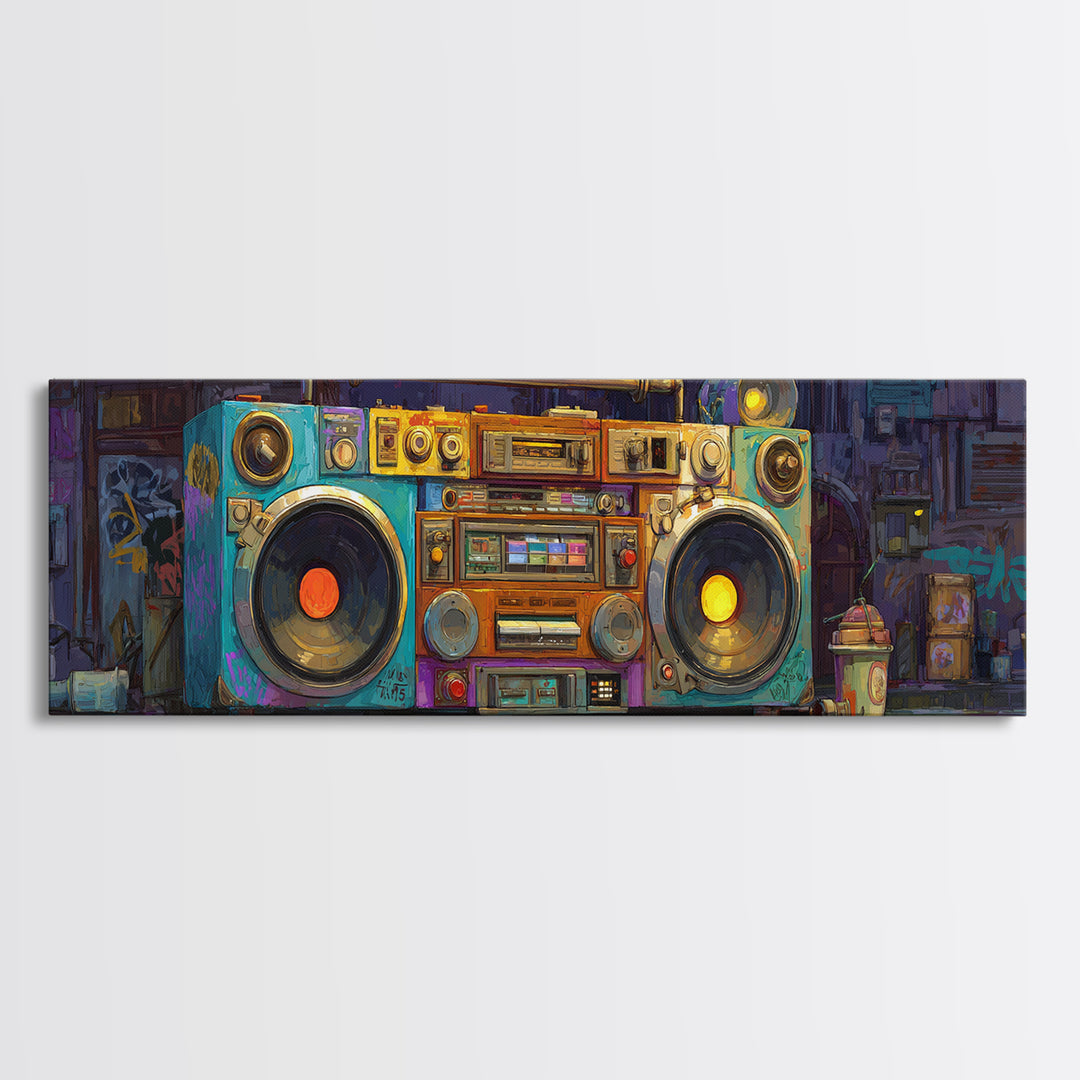 Hip Hop Boombox Framed Canvas Print, Music Studio Art, Modern Wall Art, Studio Decor, Rhythm, Boho Art, Travel Wall Art, MSA-3x1-9