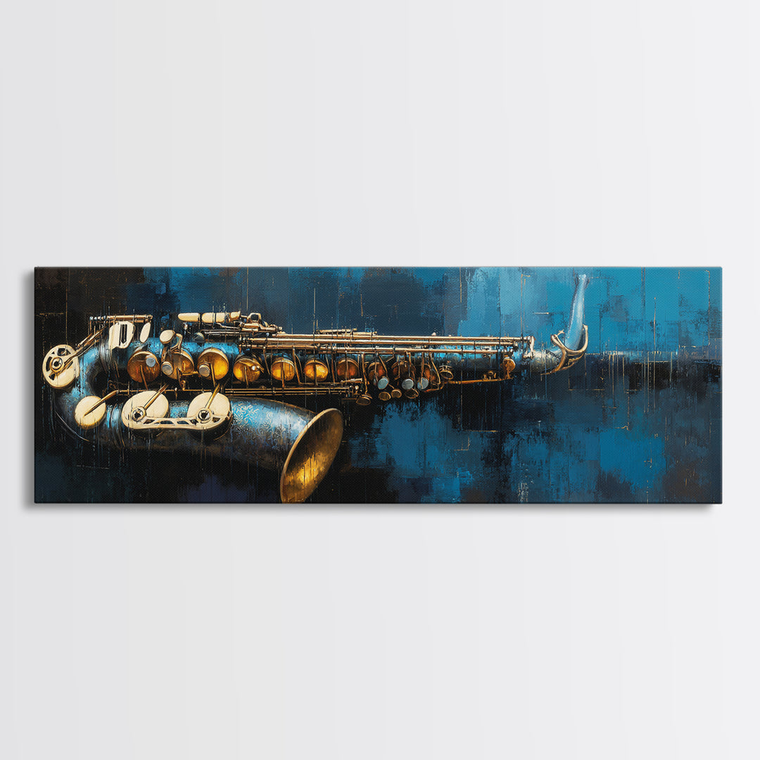 Jazz Saxophone with Smoky Blue Background Framed Canvas Print, Music Studio Art, Music Art, Studio Decor, Fine Art, Rhythm, MSA-3x1-90