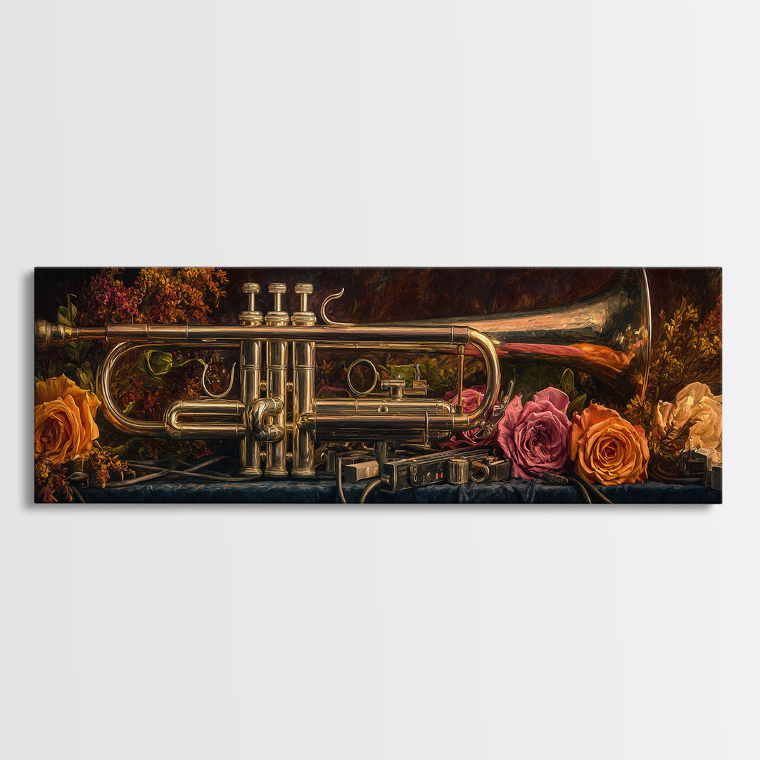 Trumpet and Roses Canvas Print, Music Studio Art, Neutral Decor, Studio Decor, Fine Art, Rhythm, Wall Art, Home Decor, MSA-3x1-96