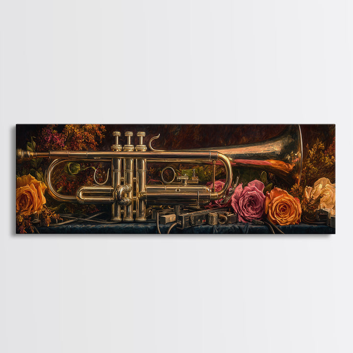 Trumpet and Roses Canvas Print, Music Studio Art, Neutral Decor, Studio Decor, Fine Art, Rhythm, Wall Art, Home Decor, MSA-3x1-96