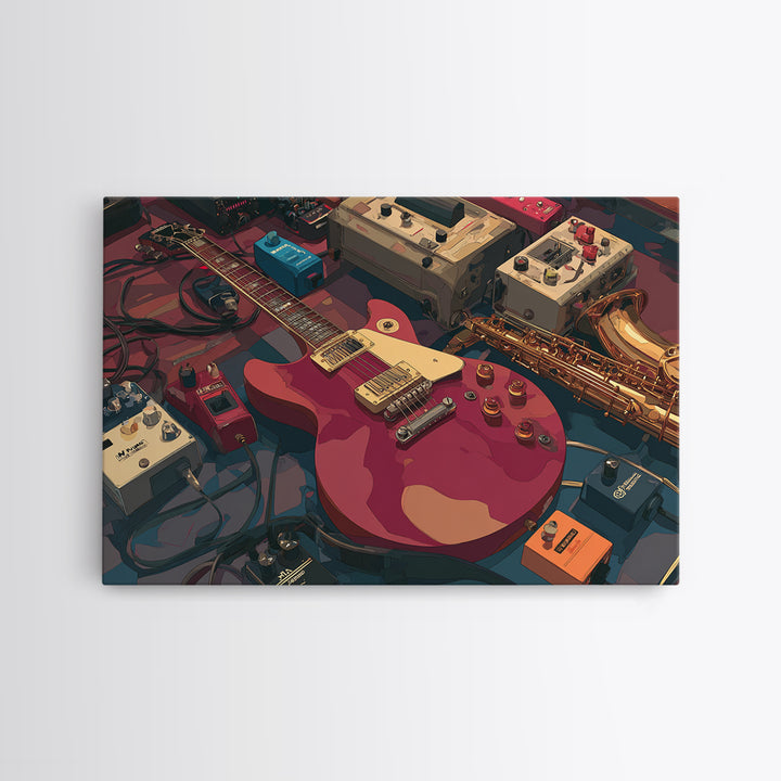 Electric Guitar Pedals and Cables Graphic Art Canvas Print, Music Studio Art, Trendy Wall Art, Studio Decor, Fine Art, Rhythm, MSA-3x2-1