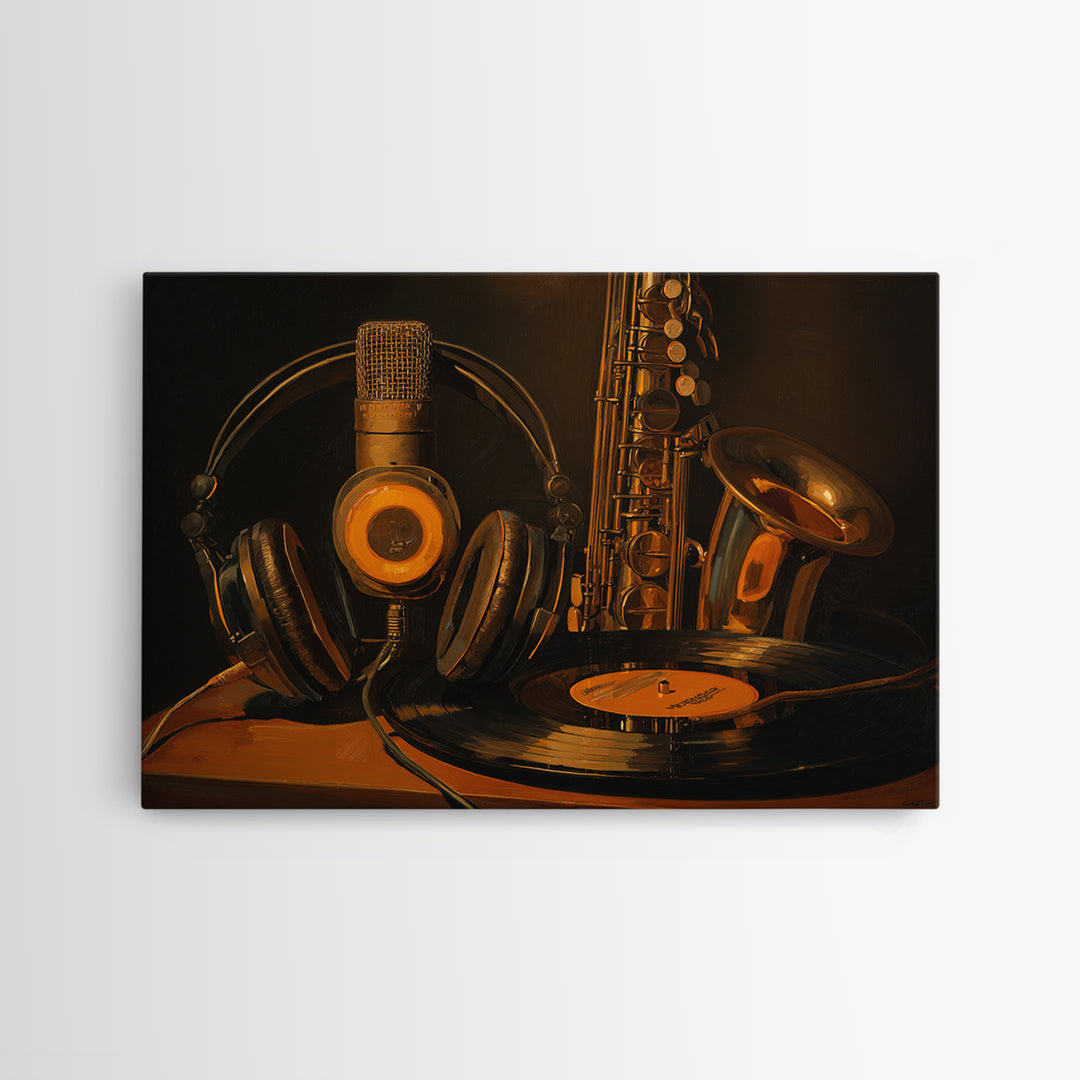 Headphones Around a Glowing Record Framed Canvas Print, Music Studio Art, Custom Painting, Studio Decor, Fine Art, Rhythm, MSA-3x2-15