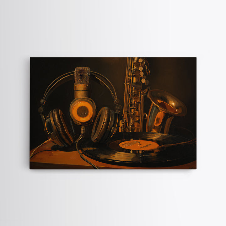 Headphones Around a Glowing Record Framed Canvas Print, Music Studio Art, Custom Painting, Studio Decor, Fine Art, Rhythm, MSA-3x2-15