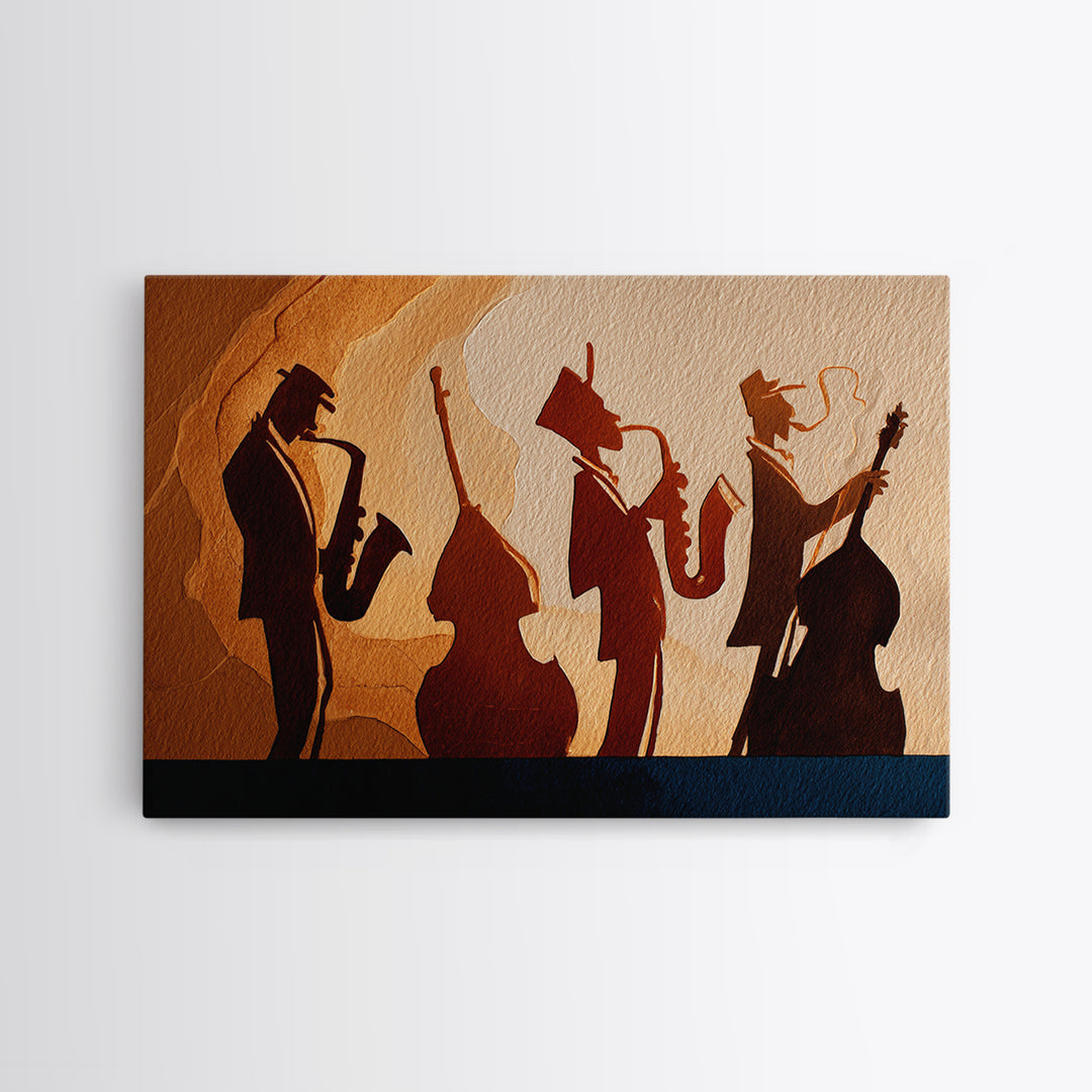 Jazz Quartet Silhouettes Framed Canvas Print, Music Studio Art, Printable Wall Art, Studio Decor, Rhythm, Painting from Photo, MSA-3x2-2