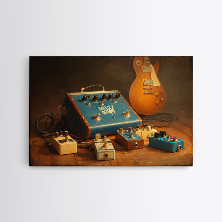 Electric Guitar Pedals and Cables Graphic Art Canvas Print, Music Studio Art, Watercolor Print, Studio Decor, Rhythm, MSA-3x2-25