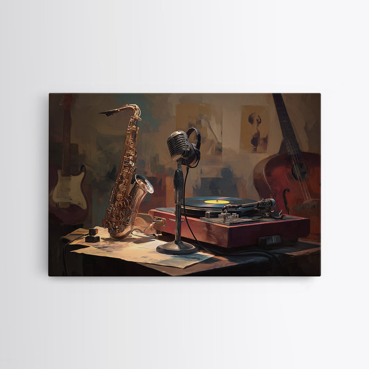 Vinyl Record and Turntable Still Life Framed Canvas Print, Music Studio Art, Music, Studio Decor, Oil Painting, Rhythm, MSA-3x2-55