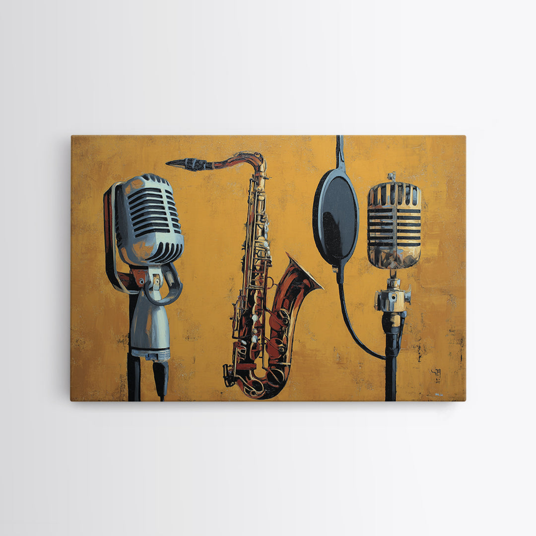 Microphone Portrait with Golden Spotlight Framed Canvas Print, Music Studio Art, Art Print, Studio Decor, Fine Art, Rhythm, MSA-3x2-59