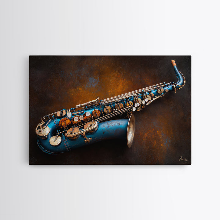 Jazz Saxophone with Smoky Blue Background Framed Canvas Print, Music Studio Art, Scripture Wall Art, Studio Decor, Rhythm, MSA-3x2-6