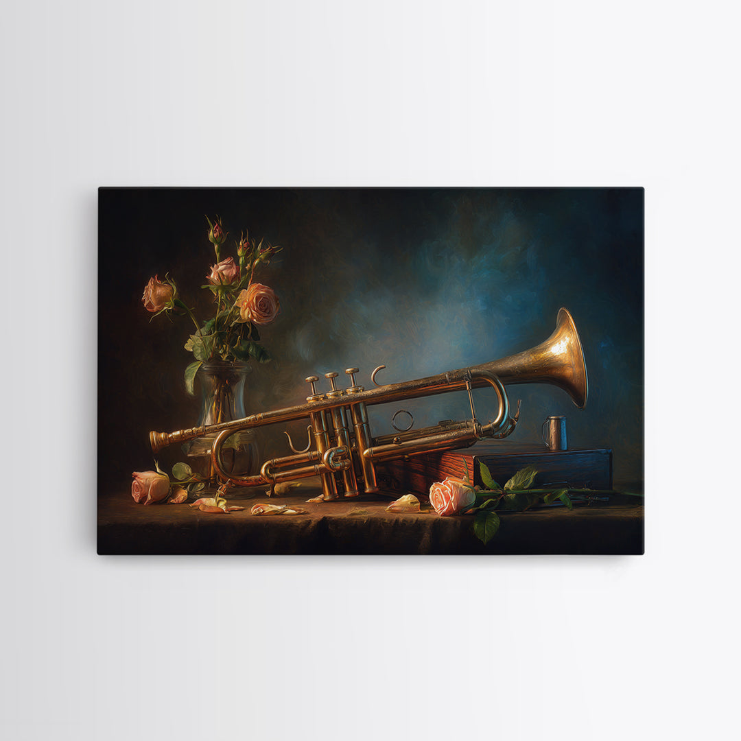 Trumpet and Roses Framed Canvas Print, Music Studio Art, Music Lover, Studio Decor, Fine Art, Rhythm, Minimalist Decor, MSA-3x2-60