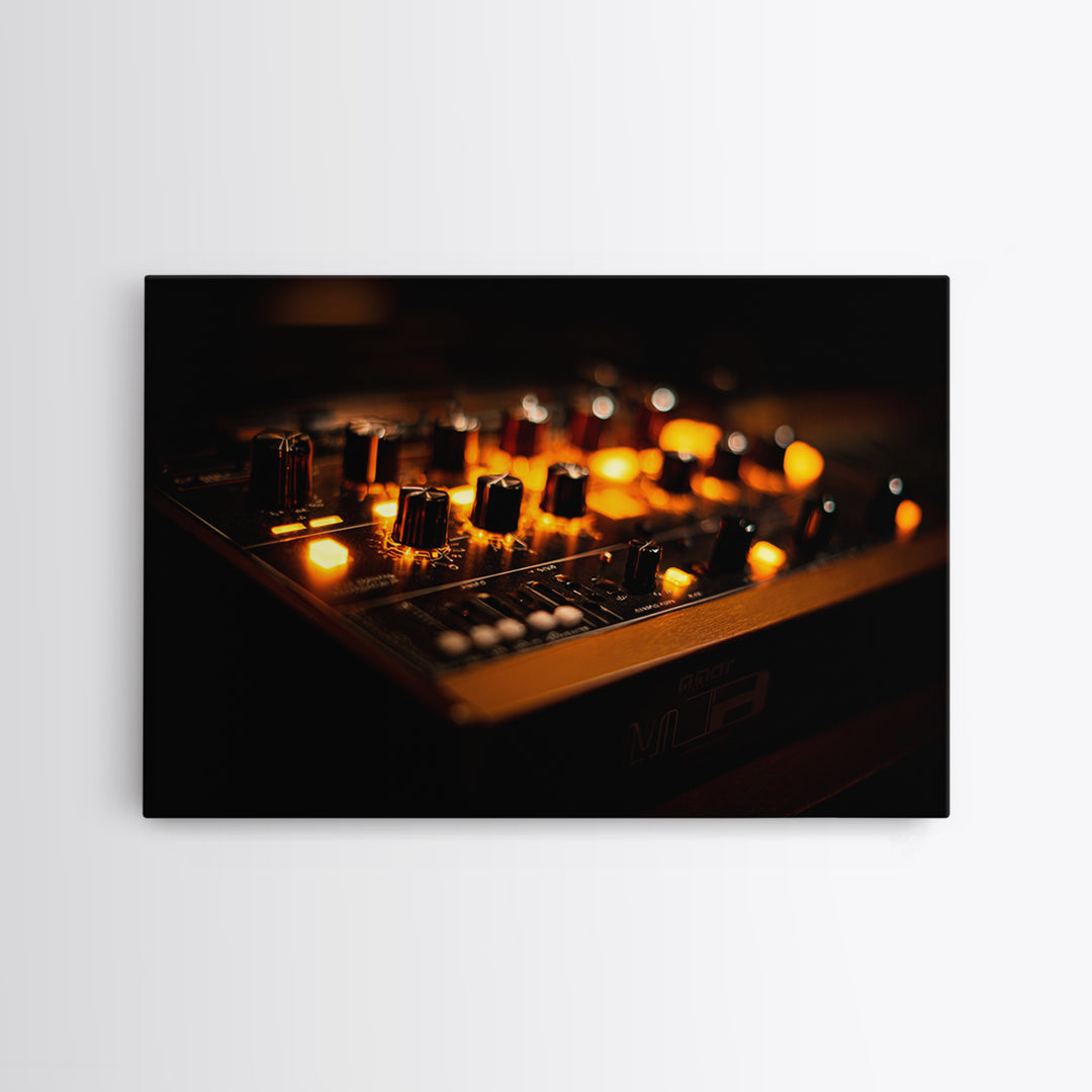 Synthesizer Knobs and Neon Reflections Canvas Print, Music Studio Art, Trendy Wall Art, Studio Decor, Fine Art, Rhythm, MSA-3x2-62