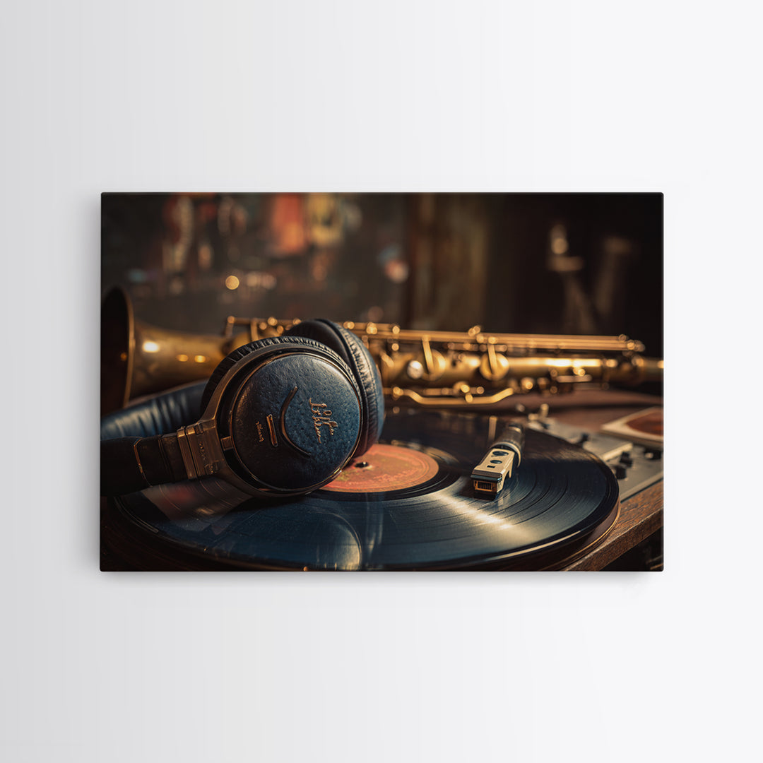 Headphones Around a Glowing Record Framed Canvas Print, Music Studio Art, Scripture Wall Art, Studio Decor, Fine Art, Rhythm, MSA-3x2-63