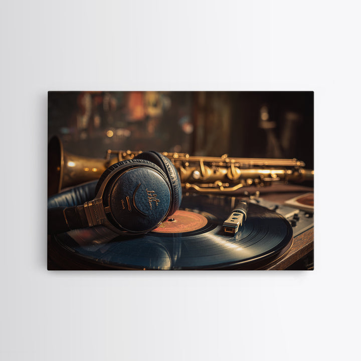 Headphones Around a Glowing Record Framed Canvas Print, Music Studio Art, Scripture Wall Art, Studio Decor, Fine Art, Rhythm, MSA-3x2-63