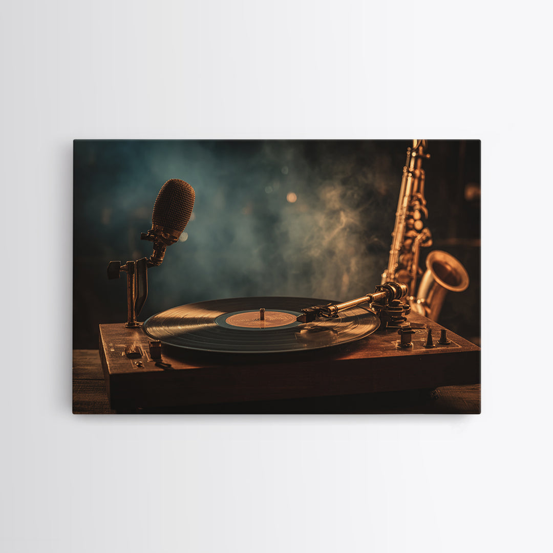 Vinyl Record and Turntable Still Life Framed Canvas Print, Music Studio Art, Home Decor, Studio Decor, Abstract Art, Rhythm, MSA-3x2-7