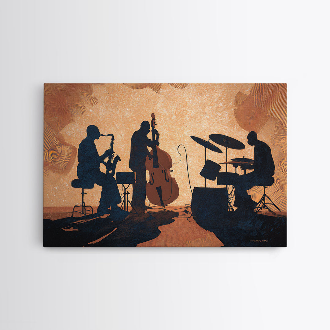 Jazz Quartet Silhouettes Framed Canvas Print, Music Studio Art, Digital Download Art, Studio Decor, Oil Painting, Rhythm, MSA-3x2-74