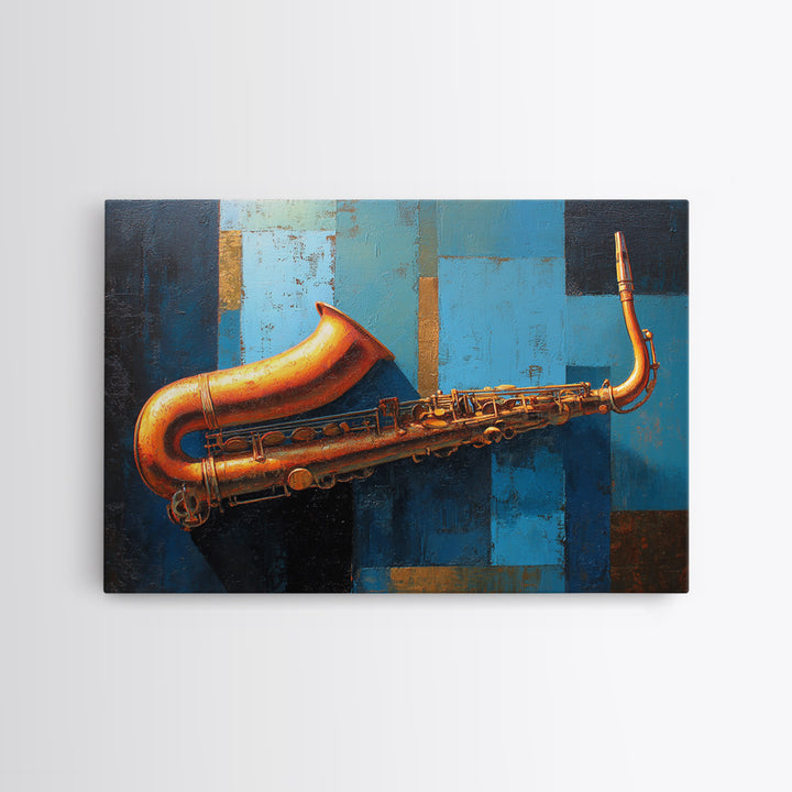 Jazz Saxophone with Smoky Blue Background Framed Canvas Print, Music Studio Art, Boho Art, Studio Decor, Fine Art, Rhythm, MSA-3x2-78