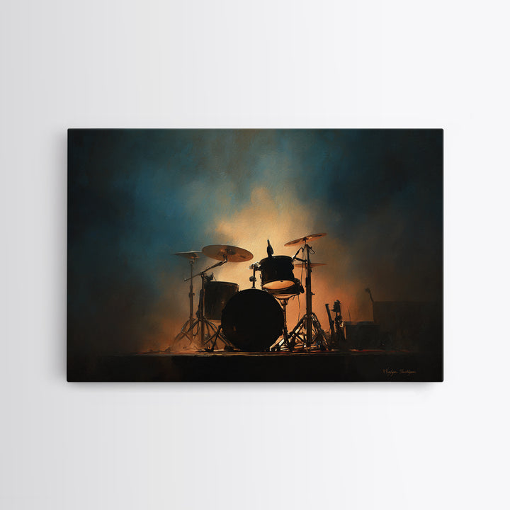 Drum Kit Silhouette Framed Canvas Print, Music Studio Art, Travel Wall Art, Studio Decor, Oil Painting, Rhythm, Boho Decor, MSA-3x2-82