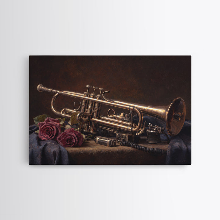 Trumpet and Roses Canvas Print, Music Studio Art, Boho Decor, Studio Decor, Fine Art, Rhythm, Metal Wall Art, MSA-3x2-84