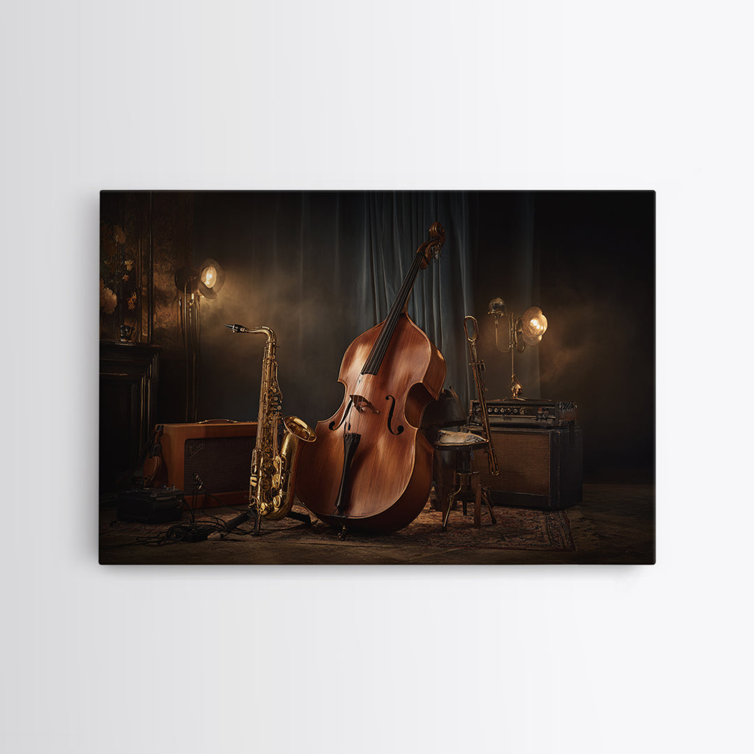 Cello Leaning Against Dark Velvet Backdrop Framed Canvas Print, Music Studio Art, Music Gift, Studio Decor, Fine Art, Rhythm, MSA-3x2-85