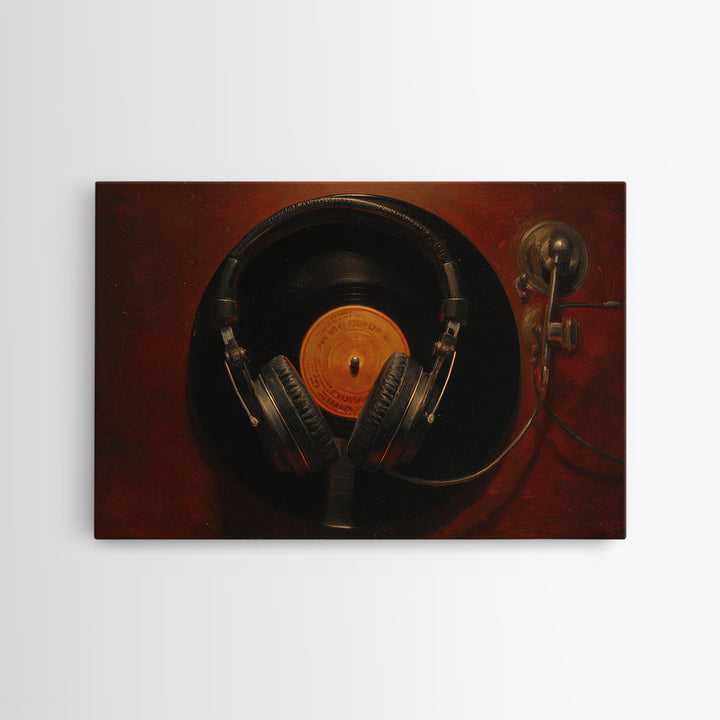 Headphones Around a Glowing Record Framed Canvas Print, Music Studio Art, Fine Art Print, Studio Decor, Fine Art, Rhythm, MSA-3x2-87