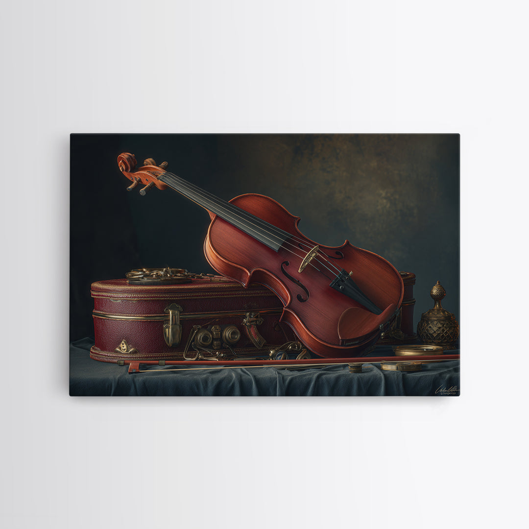 Violin and Bow Framed Canvas Print, Music Studio Art, Luxury Decor, Studio Decor, Rhythm, Art Commission, Digital Wall Art, MSA-3x2-92