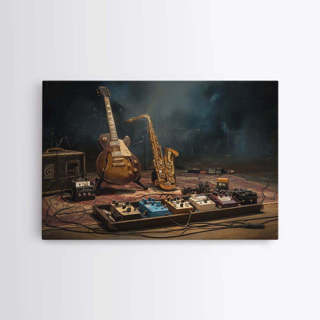 Electric Guitar Pedals and Cables Graphic Art Framed Canvas Print, Music Studio Art, Music Lover, Studio Decor, Watercolor Art, MSA-3x2-97