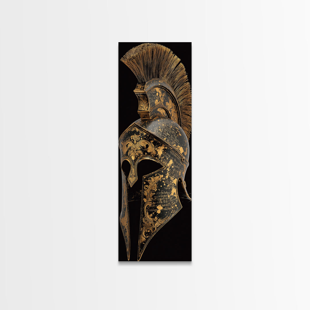 Golden Spartan Helmet - Sparta Wall Art - Gold Canvas Decor - Canvas Wall Art - Gold Spartan Painting - Wood Framed Mancave Art