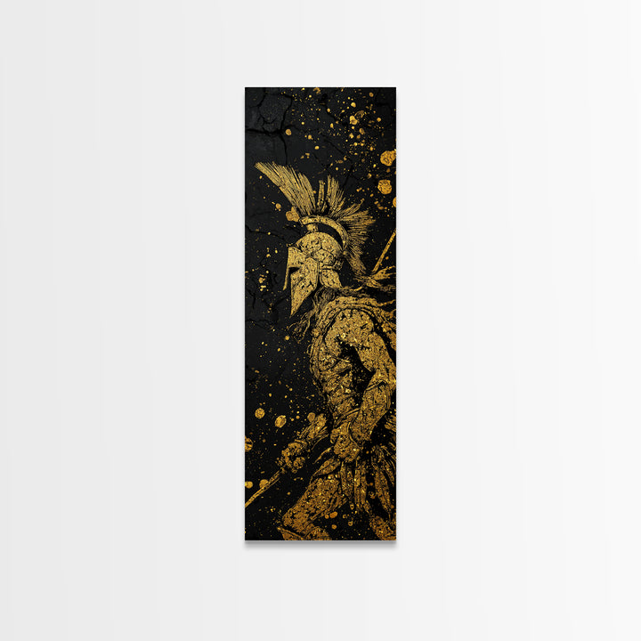 Spartan Warrior Helmet Illustration, Gold Canvas Print, Ancient Greek Soldier Wall Art, Real Wood Frame Decor
