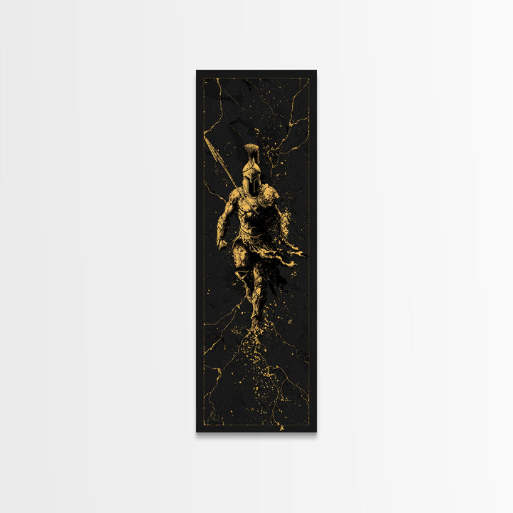 Ancient Spartan Soldier Running, Gold Canvas Print, Greek Warrior Helmet Wall Art, Real Wood Frame Decor