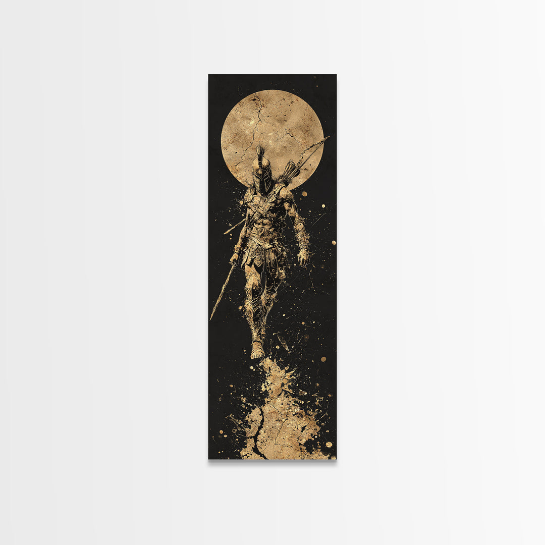 Spartan Warrior Under Full Moon, Gold Canvas Print, Ancient Greek Soldier Wall Art, Real Wood Frame Decor