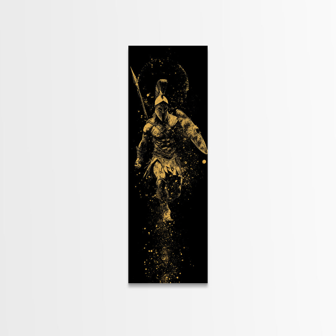 Spartan Warrior With Shield And Spear, Gold Canvas Print, Ancient Greek Helmet Wall Art, Real Wood Frame Decor