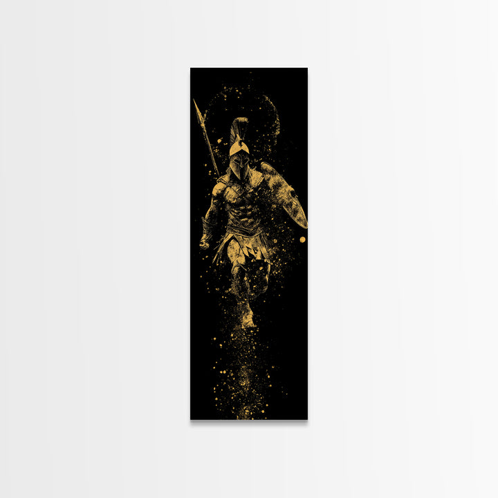 Spartan Warrior With Shield And Spear, Gold Canvas Print, Ancient Greek Helmet Wall Art, Real Wood Frame Decor