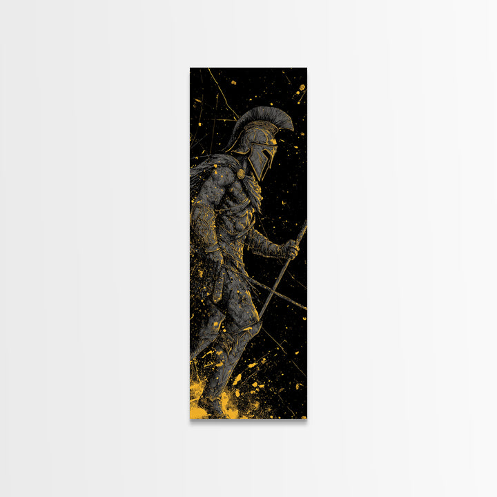 Ancient Greek Spartan Fighter, Gold Canvas Print, Warrior Helmet Spear Wall Art, Real Wood Frame Decor