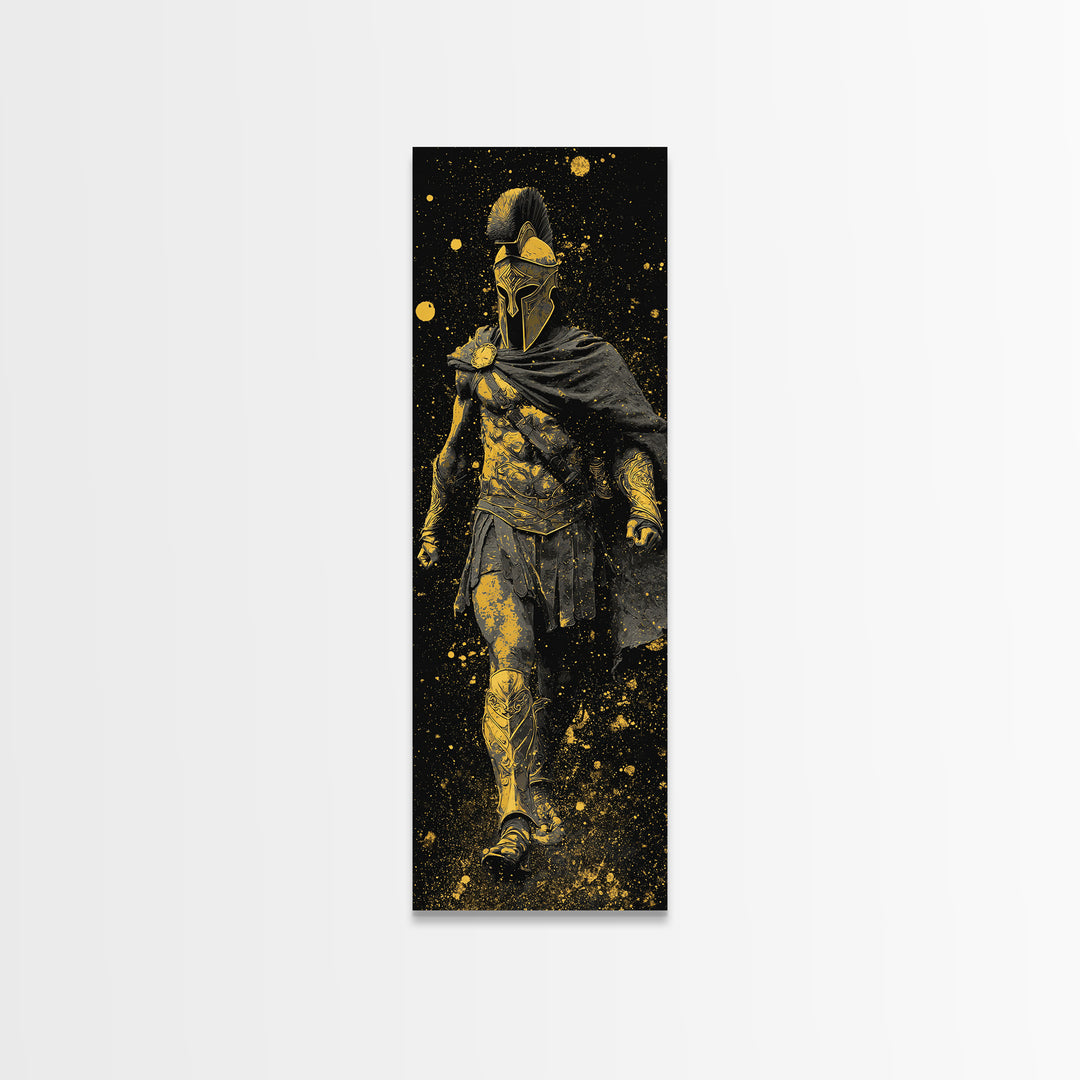Greek Spartan Warrior In Cloak, Gold Canvas Print, Ancient Helmet Warrior Wall Art, Real Wood Frame Home Decor