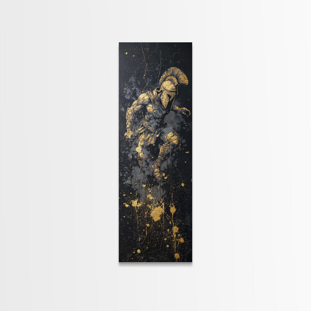 Ancient Spartan Warrior In Battle Pose, Gold Canvas Print, Greek Soldier Helmet Wall Art, Real Wood Frame Decor