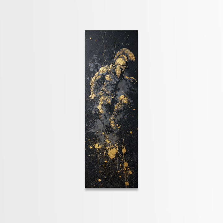 Ancient Spartan Warrior In Battle Pose, Gold Canvas Print, Greek Soldier Helmet Wall Art, Real Wood Frame Decor